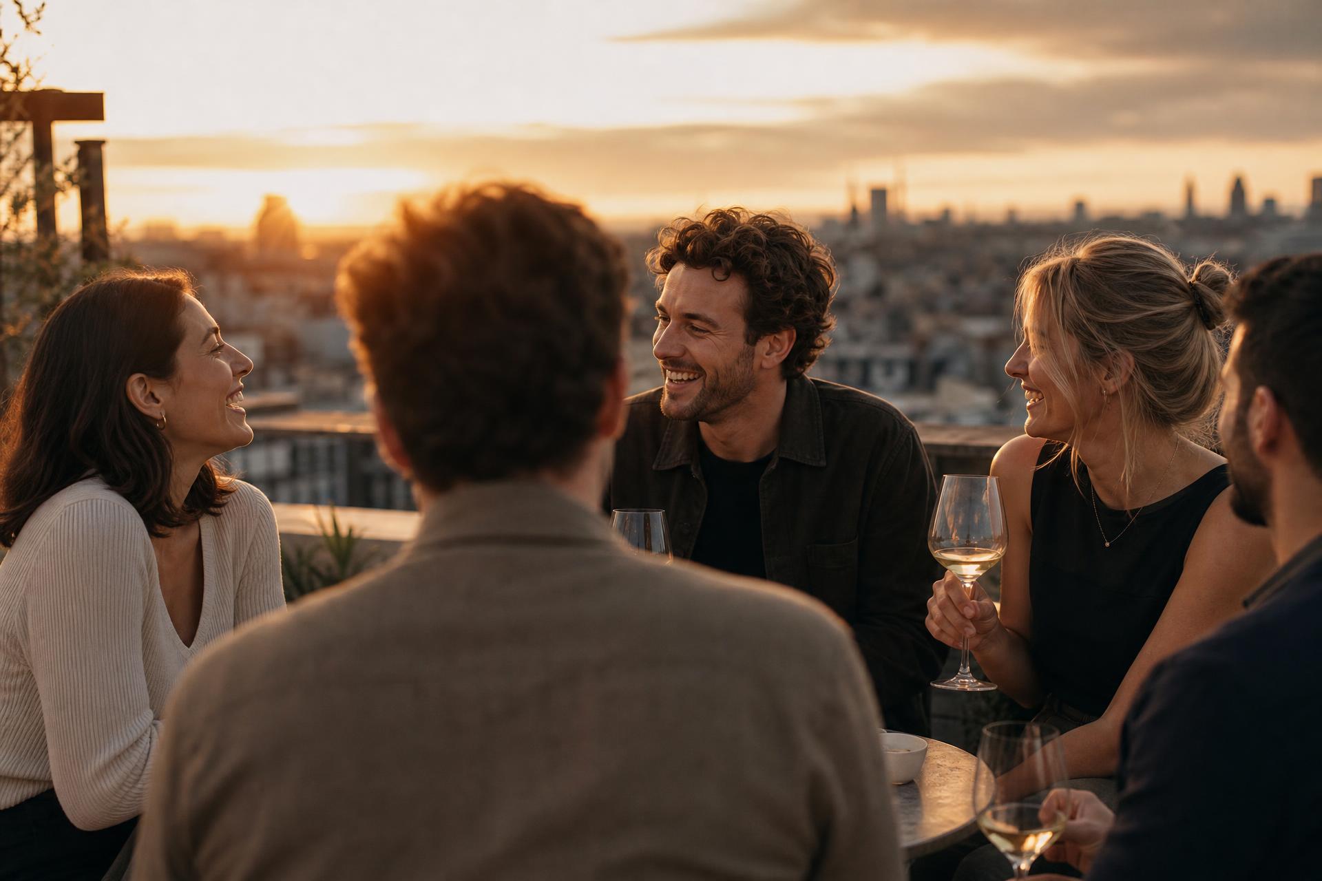 Friends laughing together over wine at a rooftop table, city skyline glowing behind them at golden hour